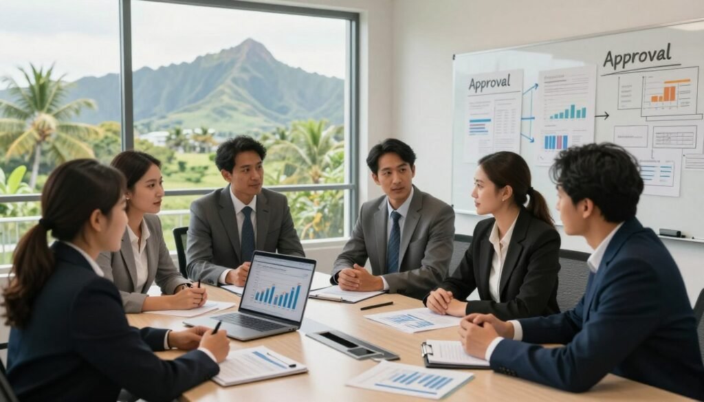 A modern office setting focusing on commercial real estate financing. In the foreground, a diverse group of professionals dressed in business attire are engaged in a discussion around a sleek conference table strewn with financial documents, charts, and a laptop displaying graphs of rates and terms. The middle layer features a large window overlooking a picturesque Hawaiian landscape with mountains and palm trees, bringing natural light into the scene. The background includes a whiteboard filled with notes and visuals that represent approval processes and financial strategies specific to the current market. The atmosphere is professional and collaborative, with a soft warm glow from the lighting, suggesting optimism and strategic planning. Capture the scene from a slight overhead angle to emphasize the interaction and vibrant environment.