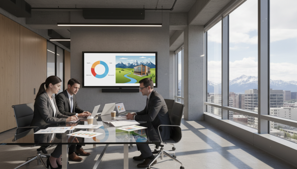 A modern office setting in Wyoming, showcasing a professional, focused discussion about commercial real estate financing strategies. In the foreground, a diverse group of three professionals in business attire—two men and one woman—are seated around a sleek glass conference table, analyzing charts and financial documents. In the middle, a large screen displays a colorful pie chart and a projection of a Wyoming landscape, symbolizing opportunities in the local market. Natural light filters in through large windows, casting soft shadows and creating an inviting atmosphere. In the background, a modern city skyline and the distant Wyoming mountains provide context, blending urban and natural elements. The overall mood is strategic and optimistic, reflecting collaboration and forward-thinking in financing. A modern office setting in Wyoming, showcasing a professional, focused discussion about commercial real estate financing strategies. In the foreground, a diverse group of three professionals in business attire—two men and one woman—are seated around a sleek glass conference table, analyzing charts and financial documents. In the middle, a large screen displays a colorful pie chart and a projection of a Wyoming landscape, symbolizing opportunities in the local market. Natural light filters in through large windows, casting soft shadows and creating an inviting atmosphere. In the background, a modern city skyline and the distant Wyoming mountains provide context, blending urban and natural elements. The overall mood is strategic and optimistic, reflecting collaboration and forward-thinking in financing.