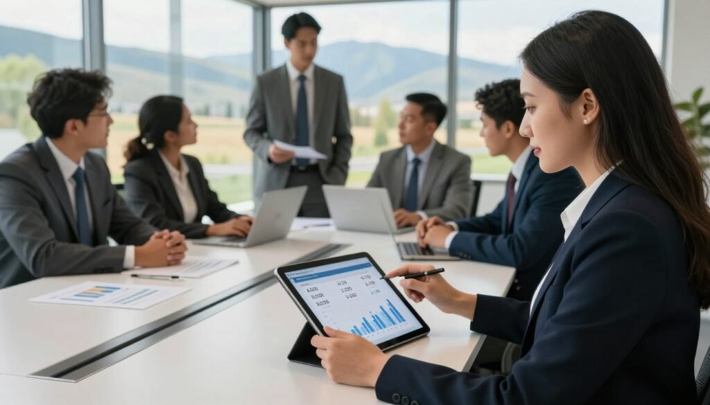 A modern office setting representing commercial real estate financing in Idaho. In the foreground, a professional businesswoman in smart attire is reviewing a chart displaying loan rates and terms on a sleek digital tablet. In the middle ground, a group of diverse professionals in professional business attire are engaged in a discussion, with graphs and documents spread across a stylish conference table. The background includes large windows overlooking Idaho’s scenic landscape, with mountains and greenery. Warm, natural light illuminates the scene, creating a productive and optimistic atmosphere. Capture the sense of collaboration and strategic planning, emphasizing the importance of financial terms in real estate. The image should be sharply focused, shot with a 35mm lens at eye level to enhance the collected mood of professionalism and opportunity.