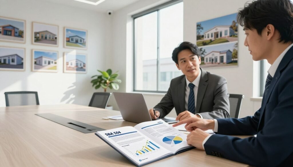 A modern office setting showcasing a professional meeting space focused on self-storage financing, featuring a sleek conference table. On the table, an open financial report titled "SBA 504" with graphs and charts, symbolizing business growth. In the foreground, two business professionals in business attire engage in discussion, one pointing to the report while the other takes notes on a laptop. The middle background highlights a large window with sunlight streaming in, casting soft shadows. On the walls, images of various self-storage units are framed, illustrating the subject matter. The atmosphere is collaborative and focused, with a bright, optimistic mood. The scene is captured with a wide-angle lens to emphasize the elements in the room, designed for a clean, professional presentation. Include a subtle logo of "Thorne CRE" on one corner of the financial report.