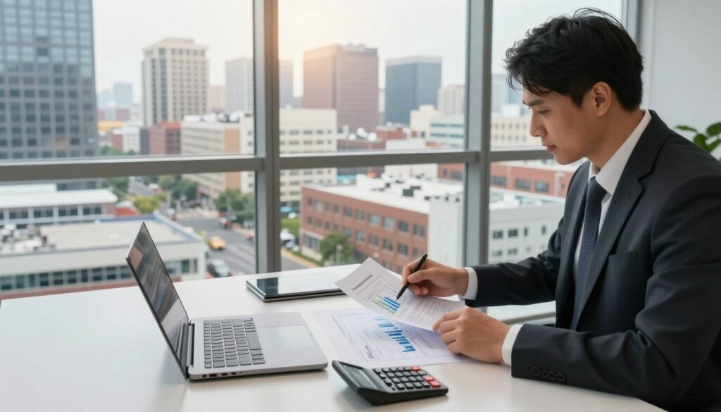 A modern office setting showcasing commercial real estate financing concepts. In the foreground, a businessman in professional attire is analyzing financial documents and blueprints on a sleek desk, surrounded by a laptop and a calculator. The middle layer features a large window revealing a view of Massachusetts skyscrapers and varied property types like retail, industrial, and residential buildings. In the background, soft sunlight filters through the glass, creating a warm and inviting atmosphere. The scene conveys a sense of professionalism and strategy, emphasizing the financial planning aspect of commercial real estate. Use natural lighting to enhance the scene, focusing on clarity and detail, shot from a slightly elevated angle to provide depth. A modern office setting showcasing commercial real estate financing concepts. In the foreground, a businessman in professional attire is analyzing financial documents and blueprints on a sleek desk, surrounded by a laptop and a calculator. The middle layer features a large window revealing a view of Massachusetts skyscrapers and varied property types like retail, industrial, and residential buildings. In the background, soft sunlight filters through the glass, creating a warm and inviting atmosphere. The scene conveys a sense of professionalism and strategy, emphasizing the financial planning aspect of commercial real estate. Use natural lighting to enhance the scene, focusing on clarity and detail, shot from a slightly elevated angle to provide depth.