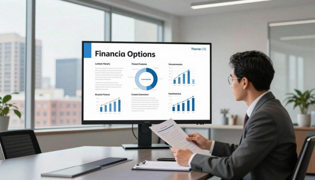 A modern office setting showcasing hospitality financing options for hotel conversion projects. In the foreground, a professional consultant, dressed in business attire, is seated at a sleek conference table, reviewing documents related to financing strategies. In the middle, an elegant presentation board with detailed charts and graphs illustrating various financing options, such as loans, grants, and investors, is prominently displayed. In the background, large windows allow natural light to flood the room, highlighting an urban skyline with hotels transitioning to multifamily residences. The atmosphere is industrious and hopeful, suggesting opportunities for investment and growth. The image embodies a sense of professionalism and innovation. Include the brand name "Thorne CRE" subtly integrated into the presentation materials or decor.