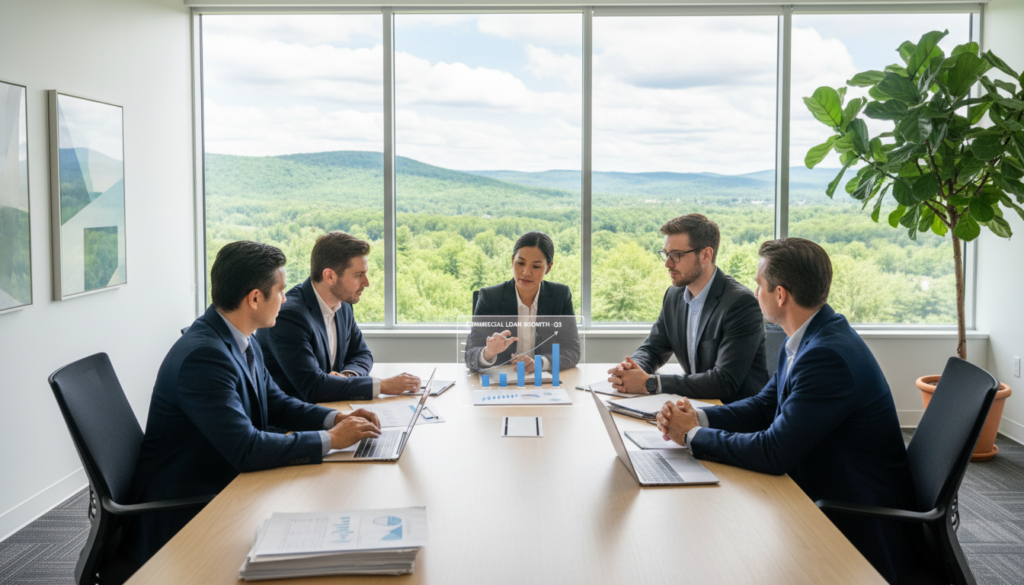 A modern office setting showcasing the commercial real estate loan process. In the foreground, a diverse team of professionals in business attire is gathered around a large conference table filled with documents, laptops, and charts. They are engaged in discussion, pointing at a financial graph displayed on a sleek digital screen. The middle ground features a large window with a view of Vermont's lush green landscape, indicating a thriving market. The background showcases minimalist decor with abstract art on the walls, and a potted plant adding a touch of nature. The lighting is bright and natural, creating an inviting atmosphere, captured from a slightly elevated angle to emphasize collaboration and teamwork in finance.