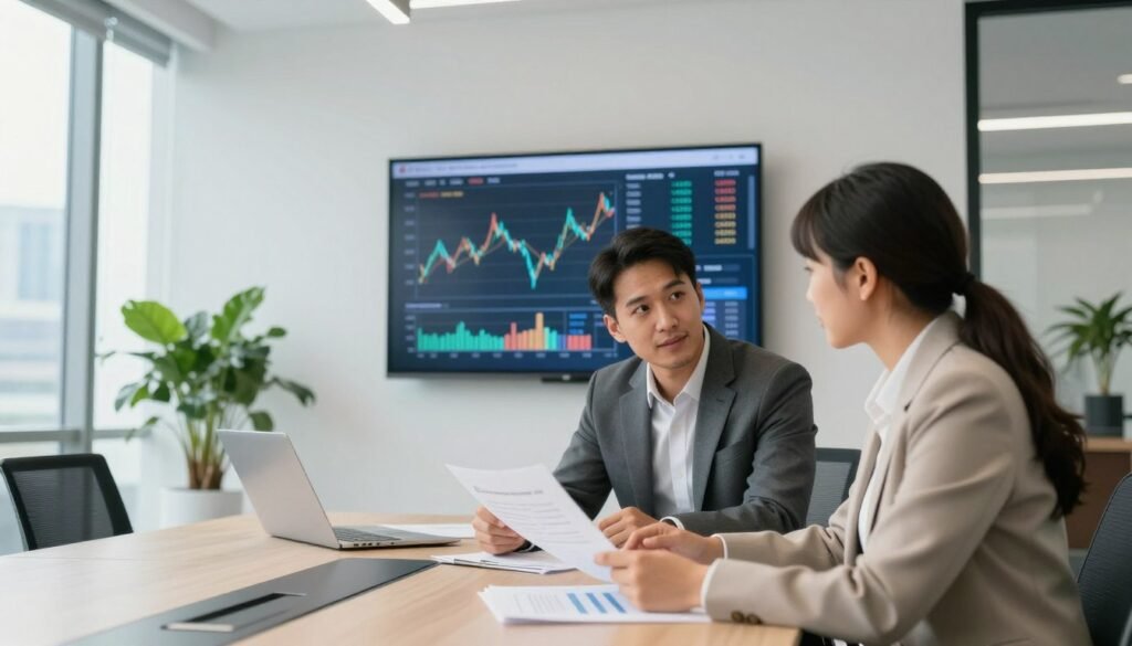 A modern office setting showcasing two professional financial advisors engaged in a focused discussion about refinance timing. In the foreground, a diverse male and female advisor in business attire, with a confident demeanor, are examining documents and charts on a sleek conference table. The middle-ground features a large wall-mounted screen displaying financial graphs and interest rates trends. The background is a bright, airy office space with large windows allowing natural light to flood in, plants for a touch of greenery, and cityscape views. The mood is collaborative and insightful, evoking a sense of professionalism and trust. High-quality lighting enhances the details, and a slightly elevated angle captures the entire scene effectively. Include subtle branding elements indicating "Thorne CRE" in the decor.