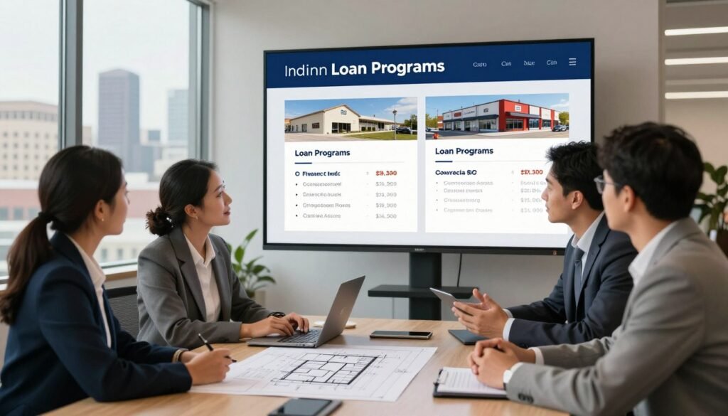 A modern office setting showcasing various "Loan Programs" for commercial real estate in Indiana. In the foreground, a diverse group of three professionals in business attire discuss financing options around a sleek conference table, with architectural blueprints and financial documents spread out. The middle ground features a large digital screen displaying key loan program features, such as interest rates and terms, overlaid on images of Indiana properties like warehouses and storefronts. In the background, a large window reveals a cityscape with Indiana's skyline, under warm, natural lighting that suggests a productive atmosphere. Capture a focus on collaboration, strategy, and the essence of Indiana's real estate market. The image should convey professionalism, optimism, and clarity. A modern office setting showcasing various "Loan Programs" for commercial real estate in Indiana. In the foreground, a diverse group of three professionals in business attire discuss financing options around a sleek conference table, with architectural blueprints and financial documents spread out. The middle ground features a large digital screen displaying key loan program features, such as interest rates and terms, overlaid on images of Indiana properties like warehouses and storefronts. In the background, a large window reveals a cityscape with Indiana's skyline, under warm, natural lighting that suggests a productive atmosphere. Capture a focus on collaboration, strategy, and the essence of Indiana's real estate market. The image should convey professionalism, optimism, and clarity.