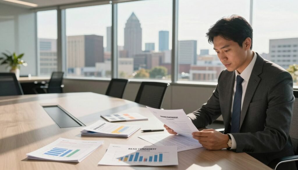 A modern office setting showcasing various commercial real estate financing options. In the foreground, a professional-looking business consultant in formal attire is examining documents related to acquisition, construction, and refinance strategies. In the middle ground, a sleek conference table displays a variety of financial charts, graphs, and brochures highlighting Missouri real estate opportunities. The background features large windows offering a panoramic view of Missouri's urban skyline, illuminated by warm, natural sunlight. Soft shadows create a welcoming yet professional atmosphere, emphasizing a sense of collaboration and strategic planning. The overall mood is optimistic and focused, representing the dynamic nature of commercial real estate financing.