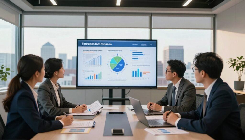 A modern office setting showcasing various financing strategies for business properties. In the foreground, a diverse group of three professionals in business attire are engaged in a discussion around a sleek conference table filled with documents, charts, and a laptop. In the middle, a large digital screen displays graphs and illustrations representing different financing methods tailored by property type and business goals. The background features a contemporary office with large windows revealing a view of New Hampshire's skyline, bathed in warm natural light. The atmosphere is dynamic and collaborative, emphasizing innovation in commercial real estate financing. Use a wide-angle lens to capture the entire scene clearly with a soft focus on the background for depth.