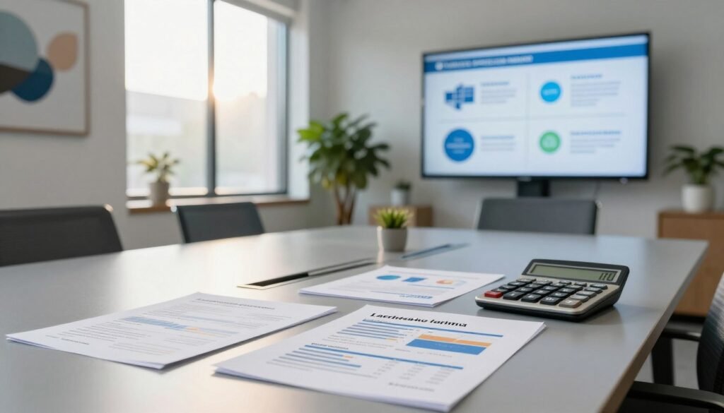A modern office setting showcasing various loan options for medical facilities, conveying a professional ambiance. In the foreground, a sleek conference table with financial documents, loan comparison charts, and a calculator, all neatly arranged. The middle section features a large window that lets in warm natural light, illuminating a well-organized space with potted plants and abstract artwork. In the background, a digital display screen shows infographics about various medical office loan options available in today's U.S. market. The color palette is calming, with soft blues and greens, enhancing a focus on finance and healthcare. Capture this scene with a shallow depth of field, using a 35mm lens to highlight the details. Include the brand name "Thorne CRE" subtly within the office decor. The overall mood is professional, informative, and engaging.