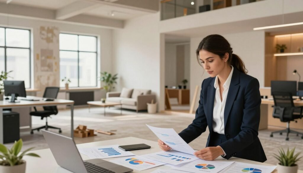 A modern office space being transformed into a stylish residential apartment, showcasing sleek, contemporary furniture and decor. In the foreground, a professional businesswoman in a smart suit examines financial documents on a table, with charts and graphs scattered about. The middle ground features open areas where construction and interior design elements are visible, such as unfinished walls and tools, suggesting an ongoing renovation. In the background, large windows allow natural light to flood in, highlighting the contrast between the old office architecture and the inviting, modern aesthetic of the residential space. Warm, inviting lighting creates a hopeful atmosphere, showcasing the ongoing transition. The brand name "Thorne CRE" is subtly integrated into the design elements, reflecting a professional edge in the financing process.
