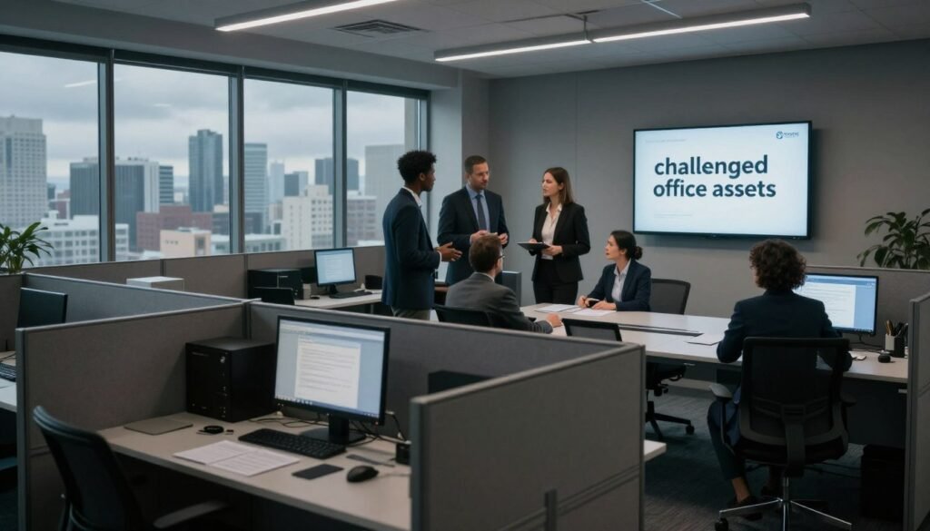 A modern office space depicting "challenged office assets" in the foreground, showcasing empty, dimly lit cubicles with worn-out furniture and outdated technology. In the middle ground, a diverse group of three professionals in business attire discussing strategies for revitalization, gathered around a sleek conference table with documents and digital devices spread out. The background reveals a city skyline through large windows, under a moody, overcast sky. Soft, diffused lighting accentuates the somber mood, emphasizing the need for innovative financing solutions. The atmosphere is contemplative yet hopeful, hinting at transformation potential and collaboration. Include the branding “Thorne CRE” subtly on a presentation screen or document within the scene, maintaining a professional aesthetic.