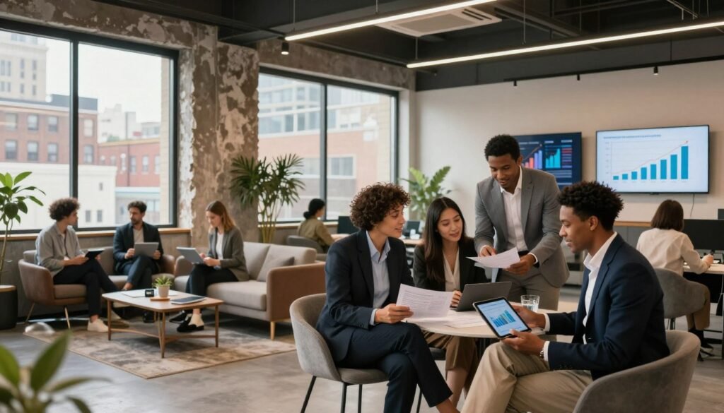 A modern office space featuring distressed and transitional properties, showcasing diverse financing options. In the foreground, a diverse group of professional individuals in business attire discussing over financial documents and digital tablets. In the middle, sleek furniture and a contemporary design with large windows, allowing natural light to illuminate the space. Visible are important elements like graphs and charts on screens that symbolize potential investment strategies. In the background, a calming cityscape outside the window, with a blend of old and new architecture representing revitalization. The atmosphere is optimistic and collaborative, with warm lighting to create an inviting mood. The brand name "Thorne CRE" subtly integrated into the decor.