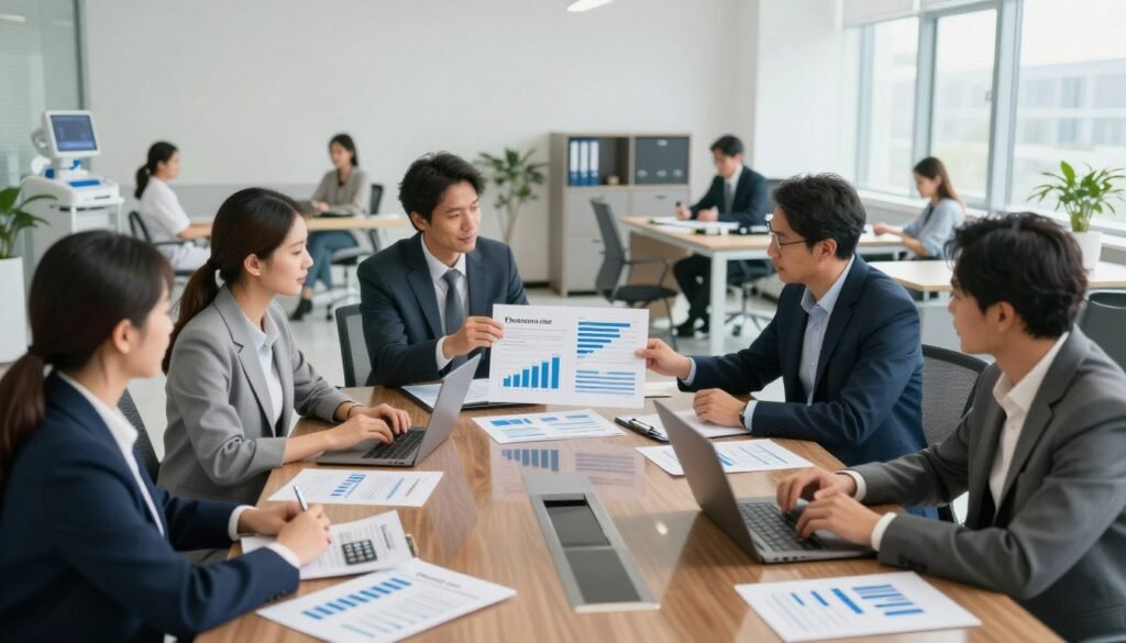 A modern office space illustrating the comparison of financing options for medical and traditional offices. In the foreground, a polished conference table with financial documents, laptops, and a calculator spread out, reflecting a business meeting atmosphere. In the middle ground, a diverse group of professionals in business attire, engaged in a discussion, analyzing charts and graphs that showcase various financing options. The background features two distinct office setups: one resembling a medical office with medical equipment and patient consultation areas, and the other a traditional office with desks, filing cabinets, and a relaxed atmosphere. Soft, natural lighting pours in through large windows, creating a bright and professional ambiance. The scene conveys a sense of collaboration and strategic planning. "Thorne CRE" subtly incorporated into the design elements, such as on the conference table or documents. A modern office space illustrating the comparison of financing options for medical and traditional offices. In the foreground, a polished conference table with financial documents, laptops, and a calculator spread out, reflecting a business meeting atmosphere. In the middle ground, a diverse group of professionals in business attire, engaged in a discussion, analyzing charts and graphs that showcase various financing options. The background features two distinct office setups: one resembling a medical office with medical equipment and patient consultation areas, and the other a traditional office with desks, filing cabinets, and a relaxed atmosphere. Soft, natural lighting pours in through large windows, creating a bright and professional ambiance. The scene conveys a sense of collaboration and strategic planning. "Thorne CRE" subtly incorporated into the design elements, such as on the conference table or documents.