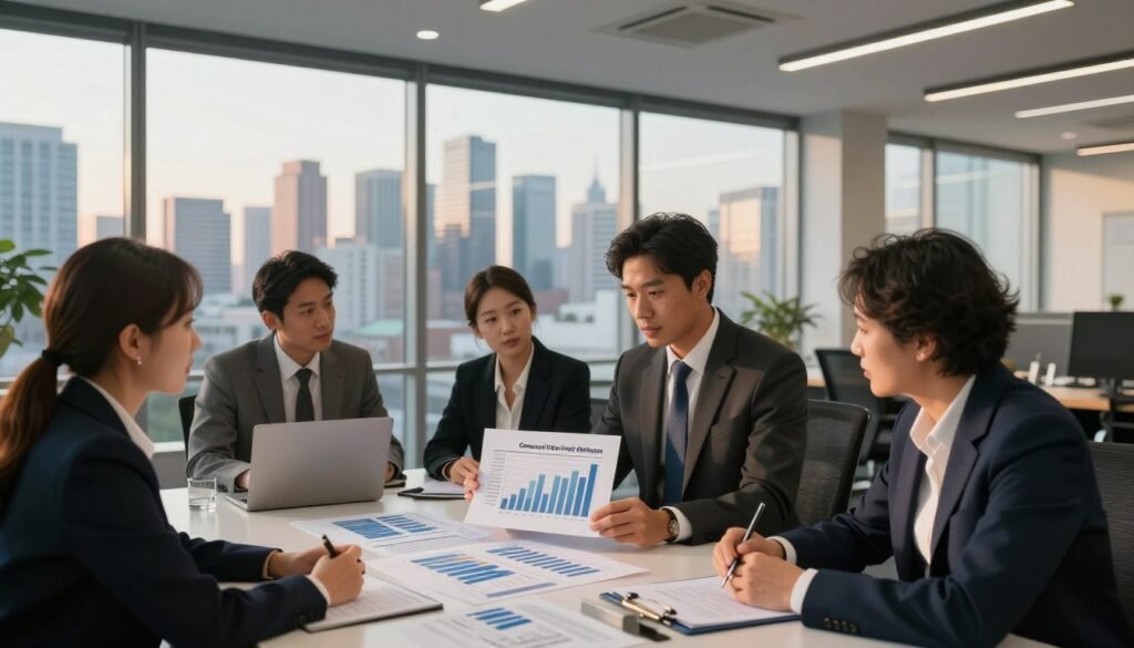 A modern office space overlooking a city skyline during the golden hour, showcasing a professional atmosphere. In the foreground, a diverse team of business professionals in smart business attire are discussing a financial document about commercial real estate mortgages, with charts and graphs illustrating office, retail, and industrial properties spread out on a conference table. The middle ground features large windows revealing a vibrant cityscape with various commercial buildings. In the background, soft lighting enhances the spaciousness of the room, while a sleek, contemporary design conveys a sense of innovation and strategic thinking. The overall mood is focused and collaborative, symbolizing the complexities of financing in the commercial real estate market.
