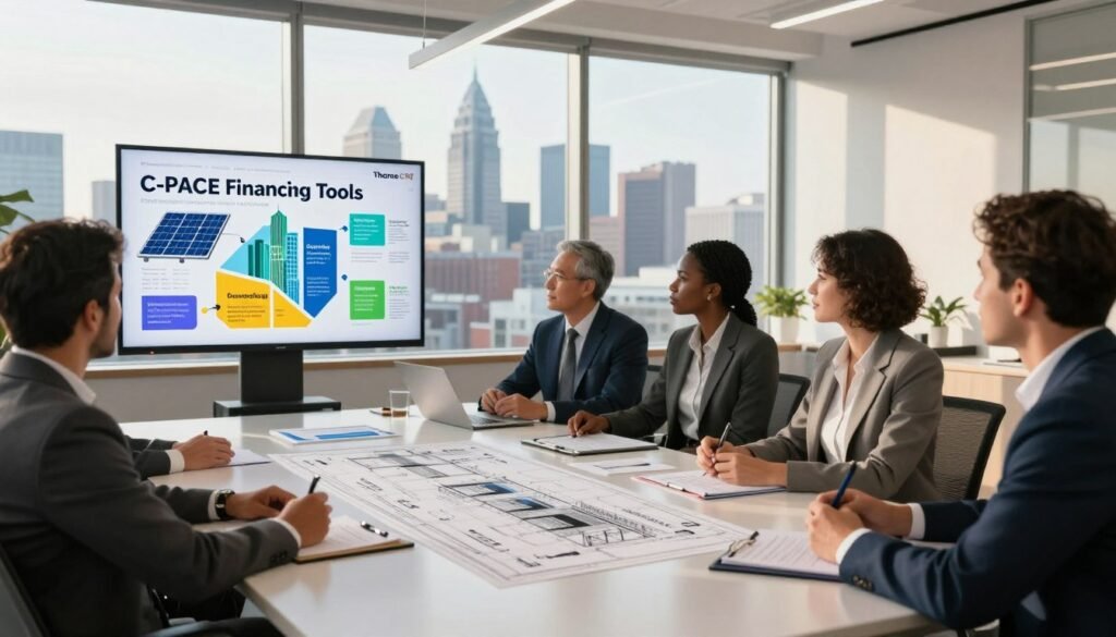A modern office space showcasing a group of diverse professionals in business attire engaged in a collaborative meeting around a sleek conference table. In the foreground, a large screen displays a colorful infographic representing C-PACE financing tools, depicting elements like solar panels, energy-efficient buildings, and community projects. The middle layer features architectural blueprints and financial documents scattered on the table, emphasizing the theme of capital stacking in commercial real estate. The background reveals a panoramic view of Philadelphia’s skyline through large windows, bathed in warm, natural sunlight that creates an optimistic atmosphere. The scene conveys professionalism, collaboration, and innovation in finance. Branding for "Thorne CRE" subtly integrated in the layout of the conference room.