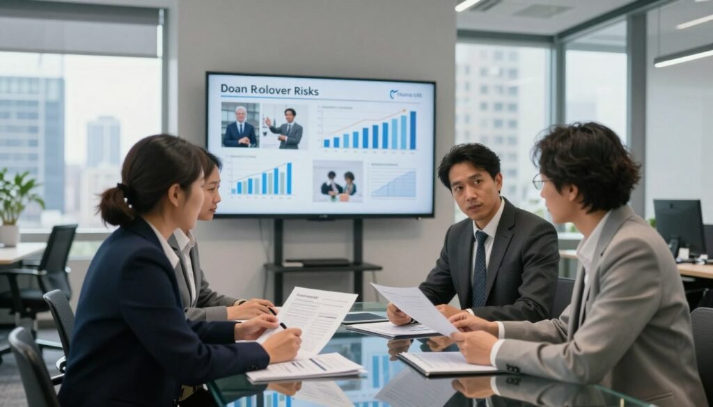 A modern office space showcasing a professional environment focused on financial discussions. In the foreground, a group of three diverse business professionals in business attire is gathered around a sleek glass conference table, reviewing charts and documents that illustrate loan structures. The middle ground features a large wall display with graphs and images related to office loan rollover risks. In the background, large windows allow natural light to flood the room, with a view of a bustling city skyline. The atmosphere is serious yet collaborative, conveying a sense of diligence and strategic planning. The room is designed with contemporary furniture and decor, emphasizing professionalism. The brand name "Thorne CRE" is subtly incorporated into the design elements. Soft, balanced lighting enhances the focus on the group, while a 50mm lens captures an intimate angle of their discussion.