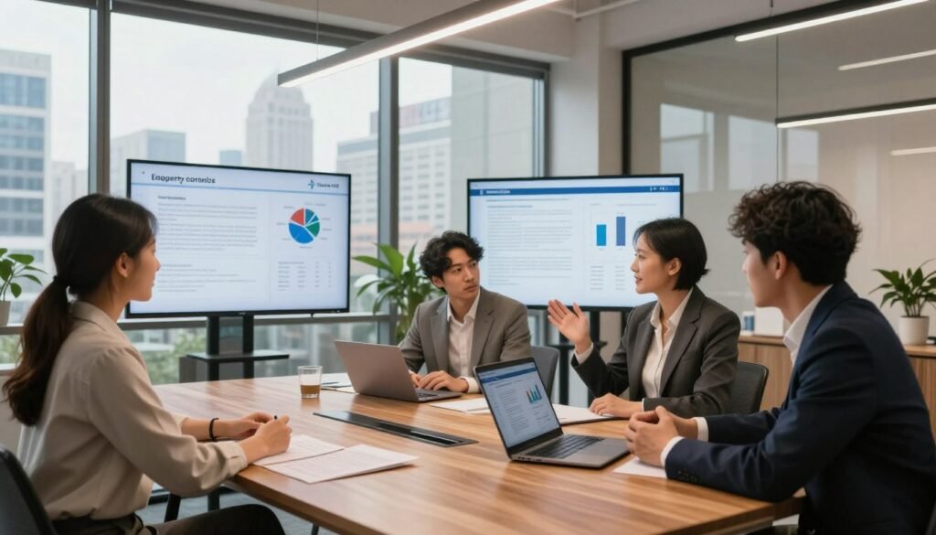 A modern office space showcasing key property and lease profile factors influencing loan terms. In the foreground, a sleek wooden conference table with a digital laptop open, surrounded by professionals in business attire discussing lease agreements, projected graphs, and property data on a screen. In the middle, large glass windows revealing a city skyline, with natural light flooding the room, enhancing clarity and focus. The mood is professional and collaborative, emphasizing strategic discussion. In the background, an organized office layout with potted plants and contemporary decor symbolizing stability and growth. Use a warm color palette with soft lighting to foster an inviting atmosphere. Add subtle branding elements of "Thorne CRE" within the office design.