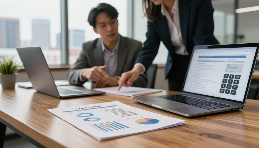 A modern office workspace represents the concept of loan terms and interest rates in commercial real estate financing. In the foreground, a sleek wooden desk displays a detailed financial document filled with charts and graphs, symbolizing key loan terms. A stylish laptop shows a calculator app open, emphasizing cost and flexibility. In the middle ground, a professional man and woman in business attire discuss the document, showcasing collaboration. The background features a large window with a city skyline, hinting at Nevada's commercial real estate market. Soft, natural light filters through, creating a warm atmosphere. The overall mood reflects professionalism and strategic thinking, essential in today's financing landscape.