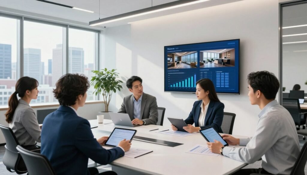 A modern, open-plan office space featuring innovative financing solutions for contemporary office buildings. In the foreground, a sleek conference table with professional businesspeople in well-fitted business attire discussing projections and plans, using digital tablets. The middle ground showcases a wall-mounted screen displaying financial graphs and luxury office designs, symbolizing investment opportunities. In the background, large windows offer a view of a city skyline, with natural sunlight illuminating the room, enhancing a productive atmosphere. The color palette consists of soft blues and whites, creating a calm yet focused mood. The lens captures this scene from a slightly elevated angle, emphasizing collaboration and forward-thinking. Integrate elements of branding subtly reflecting "Thorne CRE" in the office decor. A modern, open-plan office space featuring innovative financing solutions for contemporary office buildings. In the foreground, a sleek conference table with professional businesspeople in well-fitted business attire discussing projections and plans, using digital tablets. The middle ground showcases a wall-mounted screen displaying financial graphs and luxury office designs, symbolizing investment opportunities. In the background, large windows offer a view of a city skyline, with natural sunlight illuminating the room, enhancing a productive atmosphere. The color palette consists of soft blues and whites, creating a calm yet focused mood. The lens captures this scene from a slightly elevated angle, emphasizing collaboration and forward-thinking. Integrate elements of branding subtly reflecting "Thorne CRE" in the office decor.