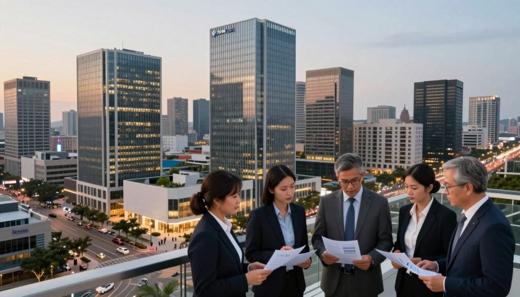 A modern, professional office building complex in an urban setting, depicting various commercial real estate asset classes. In the foreground, a group of diverse professionals in business attire, discussing and examining documents with a clear focus on financial analysis. The middle ground features a blend of high-rise office buildings, retail spaces, and apartment complexes, symbolizing different asset classes. In the background, a city skyline at dusk, illuminated with soft golden lighting. Use a wide-angle lens to capture the bustling energy of the scene. The atmosphere is dynamic yet serious, reflecting the intricate process of risk assessment in commercial real estate. Include a subtle logo of "Thorne CRE" integrated into the architectural design of one building, ensuring it complements the overall composition.