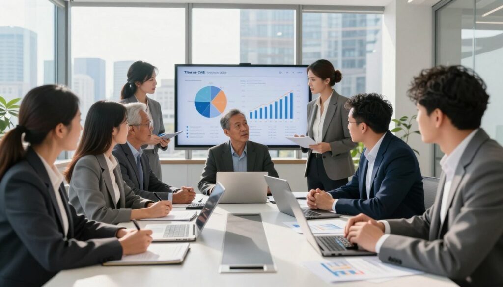 A modern, professional office environment portraying the concept of income verification and stress testing. In the foreground, a diverse group of business professionals, dressed in smart business attire, are engaged in a discussion around a sleek conference table filled with financial documents, calculators, and laptops. In the middle ground, through large windows, sunlight streams in, illuminating charts and graphs on a digital screen displaying income projections and payment capacities. The background features a city skyline, suggesting a dynamic economic landscape. The atmosphere is focused and collaborative, with a sense of urgency underscored by the serious expressions of the individuals. Showcase the brand name "Thorne CRE" subtly integrated within the office branding elements in the scene.