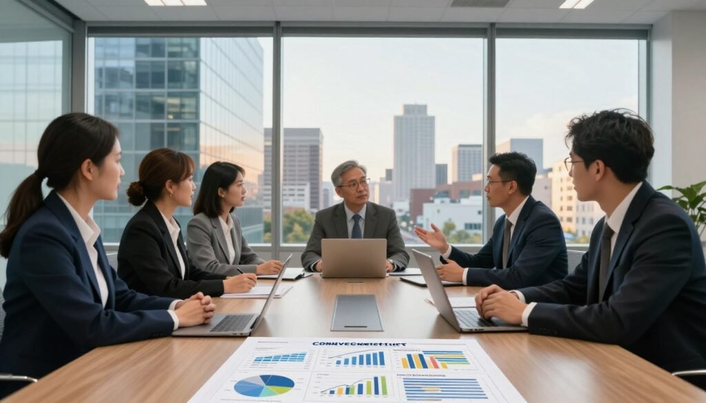A modern, professional office setting in Connecticut, showcasing a diverse group of business professionals in business attire engaged in a financing discussion around a large conference table. In the foreground, a detailed financial document with charts and graphs visible. In the middle ground, a sleek urban view through large windows, featuring glass-clad commercial buildings symbolizing growth and investment. The background includes a city skyline bathed in warm afternoon light, creating an optimistic, forward-thinking atmosphere. The image is captured with a wide-angle lens, emphasizing both the teamwork and the dynamic environment of commercial real estate financing. The overall mood conveys professionalism, collaboration, and strategic planning in the context of Connecticut’s real estate market.