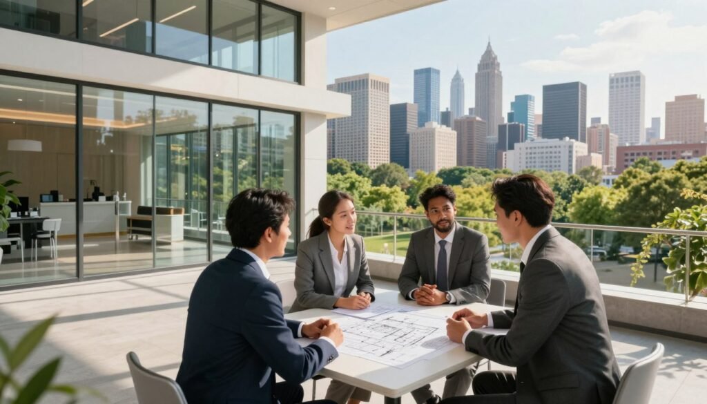 A modern, professional scene showcasing a medical real estate investment setting, featuring a well-maintained, owner-occupied medical building with a sleek glass facade in the foreground. In the middle, a diverse group of three business professionals in business attire, discussing investment strategies, are gathered around a table with architectural blueprints and financial documents. The background displays a vibrant city skyline with green parks, symbolizing growth and sustainability. Soft, natural lighting filters through the building's windows, casting warm shadows, while the scene conveys a sense of optimism and planning for the future. Include the brand name "Thorne CRE" subtly integrated into the architecture of the building. The angle should be slightly elevated for a comprehensive overview. A modern, professional scene showcasing a medical real estate investment setting, featuring a well-maintained, owner-occupied medical building with a sleek glass facade in the foreground. In the middle, a diverse group of three business professionals in business attire, discussing investment strategies, are gathered around a table with architectural blueprints and financial documents. The background displays a vibrant city skyline with green parks, symbolizing growth and sustainability. Soft, natural lighting filters through the building's windows, casting warm shadows, while the scene conveys a sense of optimism and planning for the future. Include the brand name "Thorne CRE" subtly integrated into the architecture of the building. The angle should be slightly elevated for a comprehensive overview.