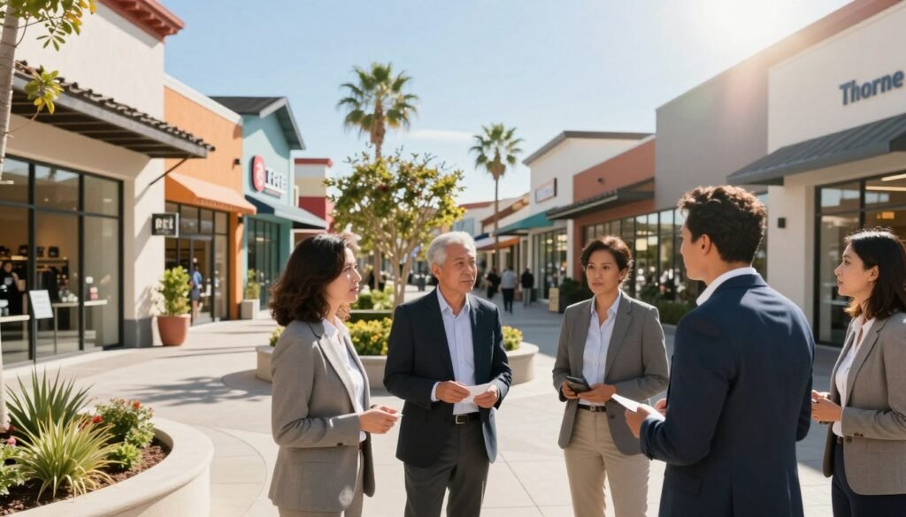 A modern retail center in Southern California, showcasing a vibrant outdoor shopping area with various storefronts. In the foreground, a diverse group of professionals in business attire discusses refinancing strategies, their expressions determined and engaged. The middle ground features well-designed shops with colorful signage and decorative landscaping, while the background reveals palm trees against a clear blue sky, typical of the Southern California landscape. Natural lighting highlights the scene, with a slight lens flare to enhance the brightness and warmth. The mood is optimistic and focused, reflecting a successful business environment. The logo of "Thorne CRE" is subtly integrated into the scene, suggesting their involvement in securing financing solutions.