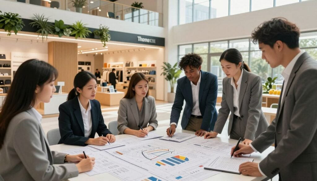 A modern retail environment showcasing a dynamic repositioning strategy. In the foreground, a team of diverse professionals in business attire collaborate around a large table filled with blueprints and market analysis graphs, demonstrating teamwork and strategic planning. In the middle ground, a vibrant retail space is being redesigned with contemporary storefronts, inviting displays, and greenery for a fresh atmosphere. The background features a bright and airy architectural design, symbolizing innovation and transformation, with natural light streaming through large windows. The overall mood is optimistic and forward-thinking, emphasizing growth and revitalization in retail. The logo "Thorne CRE" is subtly included on documents on the table. Use warm lighting to create an encouraging atmosphere, capturing the essence of a successful repositioning strategy.