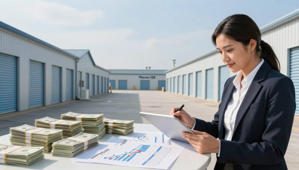 A modern self-storage facility with multiple rows of clean, well-maintained storage units. In the foreground, a confident business professional in business attire reviews financial documents and spreadsheets on a tablet, symbolizing cash flow management. In the middle ground, a detailed view of stacks of cash and flowcharts on a table, reflecting financial growth and equity. The background showcases the self-storage buildings under soft, natural sunlight, with a blue sky above. The atmosphere is professional and optimistic, embodying the idea of strategic financial decision-making. Capture this scene with a wide-angle lens, emphasizing clarity and depth, highlighting the connection between the storage facility and financial opportunities. Include the brand name "Thorne CRE" subtly within the environment, enhancing the professional context.
