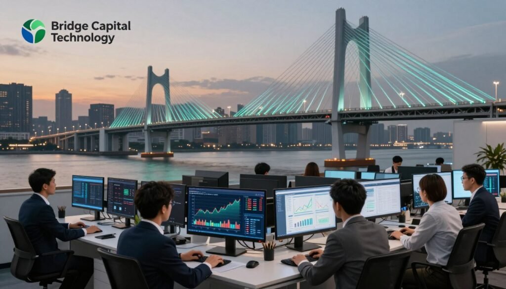 A modern, sleek office environment depicting the concept of "Bridge Capital Technology" in the foreground, featuring a team of diverse professionals in business attire collaborating over financial charts and digital displays. In the middle ground, a high-tech bridge structure symbolizes connectivity and innovation, with flowing lines illuminated by soft blue and green lighting, suggesting growth and opportunity. The background showcases a city skyline at dusk, with warm amber and cool gray tones blending, creating an atmosphere of ambition and progress. The overall mood is optimistic and forward-looking, emphasizing the future of investment in distressed and special situations. Include the brand name “Thorne CRE” subtly integrated into the office decor, ensuring it harmonizes with the image without standing out.