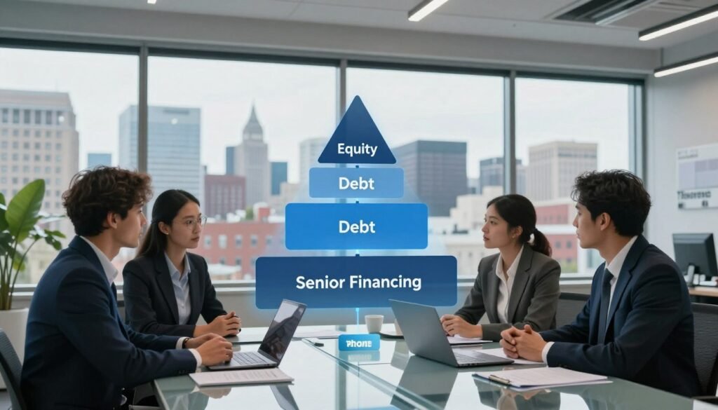 A modern, sophisticated office environment, showcasing a detailed capital stack diagram on a sleek glass table. The foreground features a diverse group of three professionals in business attire, engaged in a collaborative discussion, with notes and laptops open. In the middle, the capital stack diagram includes layers labeled with terms such as "Equity", "Debt", and "Senior Financing", illuminated by subtle overhead lighting to highlight their importance. The background presents a panoramic view of New Hampshire’s urban skyline through large windows, capturing a blend of traditional and contemporary architecture. The mood is dynamic and focused, reflecting ambition and strategic planning. The branding "Thorne CRE" is subtly integrated into the design of the environment, emphasizing professionalism and expertise in commercial real estate investment.