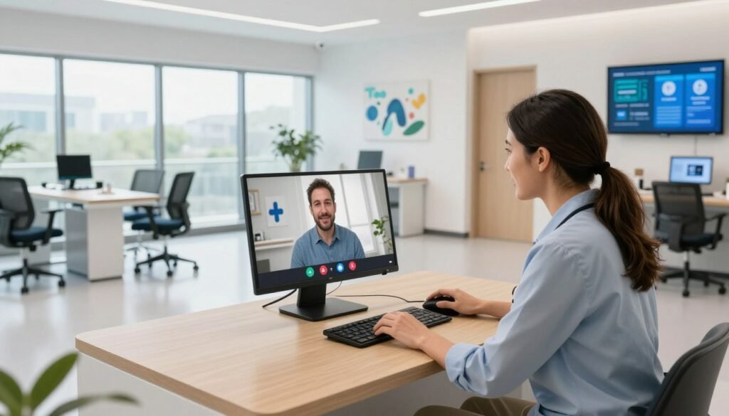 A modern telehealth setup inside a sleek, innovative healthcare facility. In the foreground, a healthcare professional dressed in smart casual attire engages with a patient through a sophisticated video conferencing system, showcasing advanced technology. The middle ground features a spacious, well-lit consultation room with ergonomic furniture, large windows allowing natural light, and health-related art on the walls. In the background, glimpses of additional telehealth stations and a digital information display emphasizing the facility's commitment to modern care solutions are visible. The overall mood is one of optimism and efficiency, conveying the transformative impact of telehealth on healthcare delivery. The scene should be captured from a slightly elevated angle, emphasizing the openness of the space, with a bright and inviting color palette. Include subtle branding elements of "Thorne CRE" to highlight the integration of technology in healthcare environments.