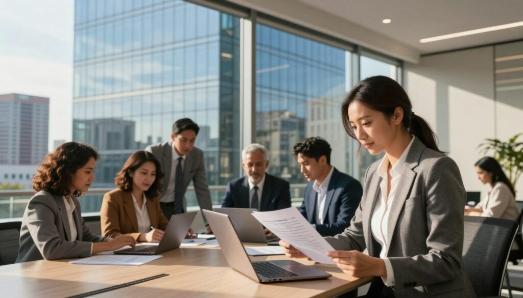 A modern, upscale office building representing equity building in real estate, prominently featuring a sleek glass façade reflecting the sky. In the foreground, a confident business owner in professional attire examines financial documents, with a laptop open beside them. Focus on diverse team members working collaboratively at a table in the middle ground, showcasing a vibrant atmosphere of teamwork and innovation. In the background, a city skyline with various commercial and residential buildings symbolizes growth and opportunity. Natural daylight pours through large windows, casting soft shadows and creating a warm ambiance. The scene conveys professionalism, aspiration, and the financial benefits of owning business property. Thorne CRE branding is subtly integrated into the office design elements, suggesting authority in real estate.