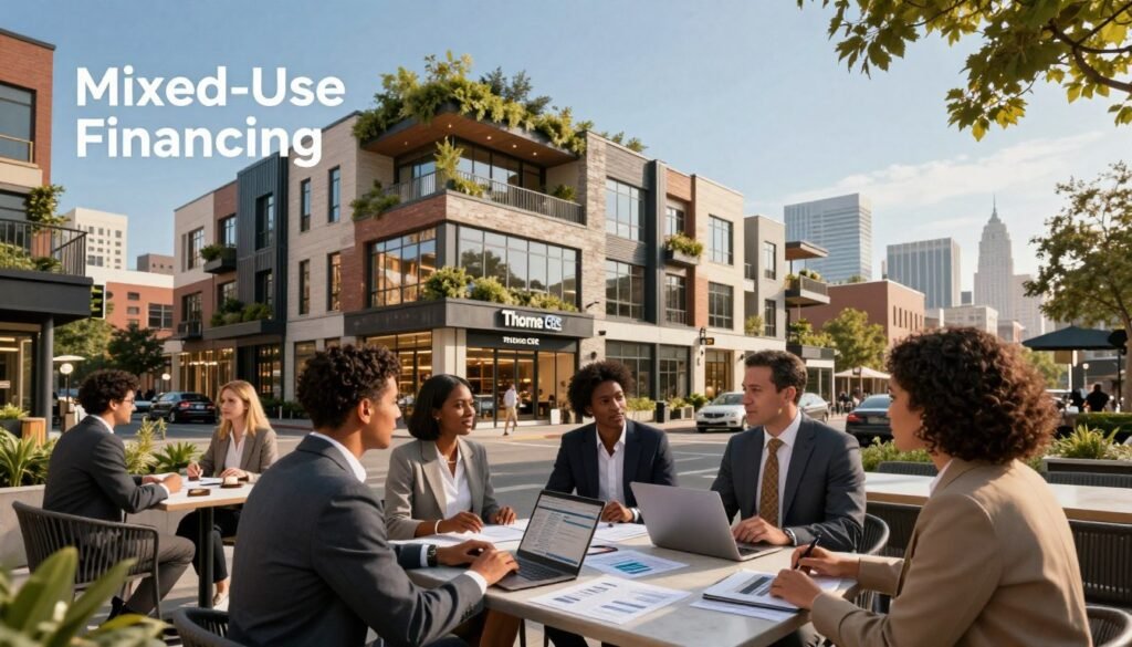 A modern urban scene depicting "Mixed-Use Financing" with an emphasis on traditional commercial lending options. In the foreground, a diverse group of professionals in business attire discusses animatedly at a sleek outdoor café, with laptops and financial documents spread out on the table. The middle ground features an inviting mixed-use building, showcasing a harmonious blend of retail spaces and residential units, adorned with greenery and balconies. In the background, a bustling city skyline hints at economic growth, under a clear blue sky. The lighting is warm and inviting, giving a sense of optimism and opportunity. Use a wide-angle lens to capture the vibrancy of the community and the innovative spirit of mixed-use developments. Brand name: Thorne CRE.