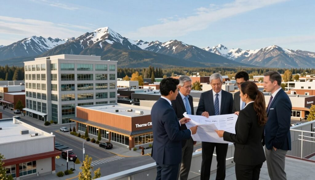 A panoramic view of a bustling commercial real estate environment in Alaska, showcasing modern office buildings and retail spaces in the foreground with healthy activity around. In the middle ground, include a group of diverse professionals in business attire discussing plans over blueprints, projecting a collaborative atmosphere. The background features stunning Alaskan mountain landscapes under a clear blue sky, symbolizing stability and opportunity. The lighting is warm and inviting, creating a sense of optimism in the commercial lending landscape. Capture the scene with a slightly elevated angle as if taken with a wide-angle lens to emphasize the scale and importance of the commercial properties. Set the company branding "Thorne CRE" prominently in the composition, ensuring it blends seamlessly with the professional setting. A panoramic view of a bustling commercial real estate environment in Alaska, showcasing modern office buildings and retail spaces in the foreground with healthy activity around. In the middle ground, include a group of diverse professionals in business attire discussing plans over blueprints, projecting a collaborative atmosphere. The background features stunning Alaskan mountain landscapes under a clear blue sky, symbolizing stability and opportunity. The lighting is warm and inviting, creating a sense of optimism in the commercial lending landscape. Capture the scene with a slightly elevated angle as if taken with a wide-angle lens to emphasize the scale and importance of the commercial properties. Set the company branding "Thorne CRE" prominently in the composition, ensuring it blends seamlessly with the professional setting.