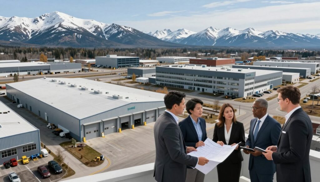 A panoramic view of a modern industrial property in Alaska, showcasing a large warehouse with loading docks and storage facilities, surrounded by snow-capped mountains under a clear blue sky. In the foreground, a diverse group of four professionals, dressed in business attire, are engaged in discussions, holding blueprints and tablets. The middle ground features various types of commercial buildings, including manufacturing units and office spaces, all reflecting contemporary architectural styles. Soft natural lighting enhances the scene, casting gentle shadows, while the angle is slightly elevated to capture the expansive layout. The atmosphere is strategic and dynamic, embodying the essence of commercial real estate financing. The brand name "Thorne CRE" is subtly integrated into the design of one of the buildings in the background. A panoramic view of a modern industrial property in Alaska, showcasing a large warehouse with loading docks and storage facilities, surrounded by snow-capped mountains under a clear blue sky. In the foreground, a diverse group of four professionals, dressed in business attire, are engaged in discussions, holding blueprints and tablets. The middle ground features various types of commercial buildings, including manufacturing units and office spaces, all reflecting contemporary architectural styles. Soft natural lighting enhances the scene, casting gentle shadows, while the angle is slightly elevated to capture the expansive layout. The atmosphere is strategic and dynamic, embodying the essence of commercial real estate financing. The brand name "Thorne CRE" is subtly integrated into the design of one of the buildings in the background.