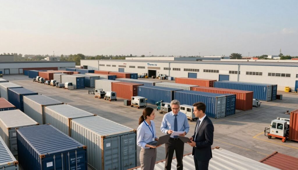 A panoramic view of an Industrial Outdoor Storage (IOS) facility showcasing a sprawling expanse of neatly stacked containers and heavy equipment. In the foreground, focus on professional individuals in business attire discussing logistics and asset management, with laptops and clipboards in hand. The middle ground features well-organized rows of storage units and machinery, with clear labels indicating their purposes. The background should depict a wide-open sky with soft, diffused sunlight casting gentle shadows, enhancing the working atmosphere. Capture this scene using a wide-angle lens to emphasize the scale of the facility. The mood is productive and professional, reflecting a thriving IOS environment. Incorporate branding elements of "Thorne CRE" subtly into the design of the storage units, ensuring they blend seamlessly with the surroundings.