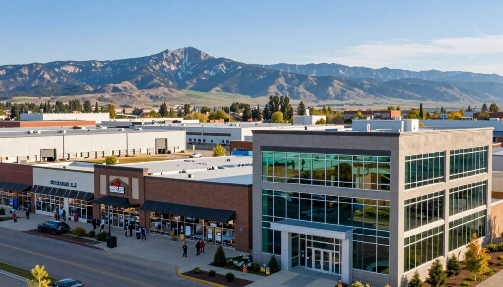 A picturesque commercial real estate landscape depicting preferred property types for lenders. In the foreground, a modern office building with large glass windows and a prominent entrance, reflecting a vibrant urban atmosphere. In the middle ground, a well-maintained retail space with bustling shops, showcasing customers engaging with storefronts. Behind these, a collection of industrial warehouses with ample loading docks, emphasizing functionality. The background features a beautiful mountainous skyline typical of Montana, under a clear blue sky with soft, natural light illuminating the scene. The mood is professional and optimistic, capturing the booming commercial real estate market. The image should convey a sense of stability and growth, devoid of any text or logos.