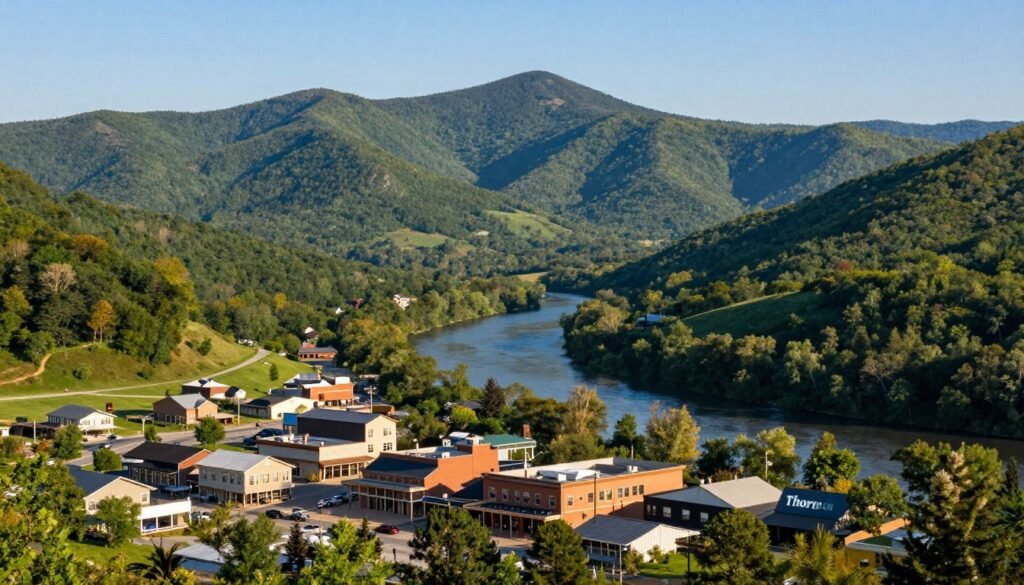 A picturesque landscape of West Virginia showcasing its unique blend of rugged mountains and vibrant greenery. In the foreground, a charming small-town scene with quaint buildings, representing commercial real estate opportunities. The middle ground features a serene river winding through the valley, flanked by gently sloping hills, while in the background, the majestic Appalachian mountains rise under a clear blue sky. Soft, warm sunlight bathes the scene, creating a positive and inviting atmosphere. Capture the essence of West Virginia's unique financing story with a focus on its economic potential. High-resolution, shot with a wide-angle lens, ensuring depth and detail in the landscape. The brand name "Thorne CRE" subtly integrated into the environment, harmonizing with the natural beauty without any text overlays or distractions. A picturesque landscape of West Virginia showcasing its unique blend of rugged mountains and vibrant greenery. In the foreground, a charming small-town scene with quaint buildings, representing commercial real estate opportunities. The middle ground features a serene river winding through the valley, flanked by gently sloping hills, while in the background, the majestic Appalachian mountains rise under a clear blue sky. Soft, warm sunlight bathes the scene, creating a positive and inviting atmosphere. Capture the essence of West Virginia's unique financing story with a focus on its economic potential. High-resolution, shot with a wide-angle lens, ensuring depth and detail in the landscape. The brand name "Thorne CRE" subtly integrated into the environment, harmonizing with the natural beauty without any text overlays or distractions.