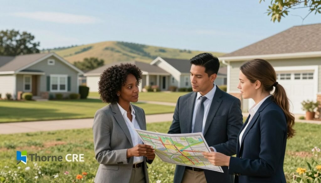 A picturesque scene illustrating community real estate in a rural Oklahoma setting, showcasing a diverse group of professionals in business attire discussing funding opportunities amidst charming, modest homes. In the foreground, a diverse group of three individuals—an African American woman, a Hispanic man, and a Caucasian woman—examining a property map and engaging in conversation. The middle ground features well-kept homes with green lawns, symbolizing community growth and investment. In the background, rolling hills and a clear blue sky reflect optimism and potential. Soft, natural lighting bathes the scene, with warm tones to evoke a welcoming atmosphere. The logo "Thorne CRE" subtly integrated into the scene, emphasizing the focus on community development and investment in underserved markets.