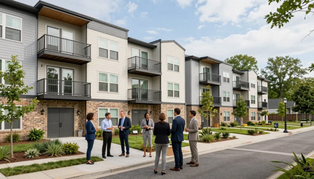 A picturesque scene of affordable housing in a suburban neighborhood of Rhode Island, showcasing a series of modern, eco-friendly apartments. In the foreground, a diverse group of professionals in business attire engage in discussion outside a newly constructed building, representing the intersection of community and commerce. The middle of the image features well-designed three-story apartments with inviting balconies and landscaped gardens, reflecting a sense of community. In the background, lush trees and blue skies with soft, natural lighting create a vibrant atmosphere. The scene is shot from a slightly elevated angle, providing a comprehensive view of the development. Include the logo "Thorne CRE" subtly integrated into one of the building's entrances, emphasizing innovation in real estate.