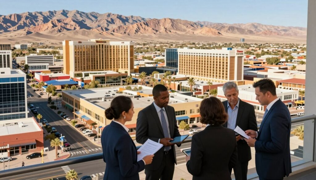 A picturesque view of a bustling Nevada cityscape showcasing hospitality and commercial real estate projects. In the foreground, a diverse group of professionals in business attire deliberates over plans, with papers and digital tablets in hand. The middle layer features modern hotels and vibrant commercial properties, symbolizing investment opportunities. The background presents a striking Nevada desert landscape, hinting at growth potential. Bright morning sunlight casts warm, inviting shadows, enhancing the feeling of optimism and opportunity. Capture this scene with a slight upward angle, focusing on the professionals but clearly revealing the dynamic architecture around them. Incorporate elements that reflect the essence of financial strategy and development, subtly integrating the brand name "Thorne CRE" into the architectural design.