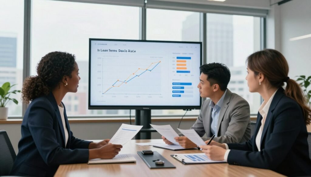 A polished and modern office environment showcasing a visually engaging discussion around loan terms, rates, and credit factors. In the foreground, a diverse group of three professionals in business attire — a Black woman, a Hispanic man, and a Caucasian woman — are gathered around a sleek conference table, examining financial documents and charts. The middle ground features a large digital display showing graphs of interest rates and credit scores, illuminated with a warm light. The background consists of large windows with a cityscape view, allowing natural daylight to illuminate the scene. The overall mood is focused and collaborative, capturing the essence of financial discussions in a hybrid work world. Incorporate the brand name "Thorne CRE" subtly in the office decor, ensuring a professional setting without distractions. A polished and modern office environment showcasing a visually engaging discussion around loan terms, rates, and credit factors. In the foreground, a diverse group of three professionals in business attire — a Black woman, a Hispanic man, and a Caucasian woman — are gathered around a sleek conference table, examining financial documents and charts. The middle ground features a large digital display showing graphs of interest rates and credit scores, illuminated with a warm light. The background consists of large windows with a cityscape view, allowing natural daylight to illuminate the scene. The overall mood is focused and collaborative, capturing the essence of financial discussions in a hybrid work world. Incorporate the brand name "Thorne CRE" subtly in the office decor, ensuring a professional setting without distractions.