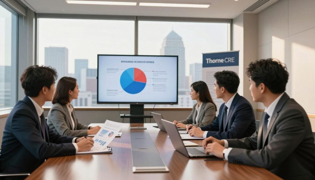 A polished conference room featuring a large wooden table, surrounded by business professionals in formal attire discussing hotel acquisition financing. In the foreground, a diverse group of three individuals—two men and one woman—analyzing financial documents and charts on a laptop, exuding a sense of collaboration and urgency. In the middle ground, a large screen displays a pie chart comparing acquisition versus refinancing strategies. The background includes an elegant city skyline visible through floor-to-ceiling windows, with soft sunlight filtering in, casting warm shadows that create a welcoming yet serious atmosphere. Add subtle branding of "Thorne CRE" on a backdrop poster. The room is well-lit, utilizing natural light from the windows and soft overhead lighting to enhance focus on the subjects. A polished conference room featuring a large wooden table, surrounded by business professionals in formal attire discussing hotel acquisition financing. In the foreground, a diverse group of three individuals—two men and one woman—analyzing financial documents and charts on a laptop, exuding a sense of collaboration and urgency. In the middle ground, a large screen displays a pie chart comparing acquisition versus refinancing strategies. The background includes an elegant city skyline visible through floor-to-ceiling windows, with soft sunlight filtering in, casting warm shadows that create a welcoming yet serious atmosphere. Add subtle branding of "Thorne CRE" on a backdrop poster. The room is well-lit, utilizing natural light from the windows and soft overhead lighting to enhance focus on the subjects.