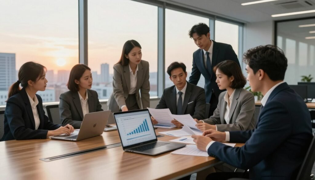 A polished, professional office environment as the foreground scene, emphasizing a sleek wooden desk with a stylish laptop showcasing financial graphs. In the middle layer, a diverse group of individuals in business attire, collaborating over documents, symbolizing negotiation over collateral options. They are engaged in discussion, with expressions of focus and determination. In the background, large windows provide a panoramic view of a city skyline at sunset, casting warm golden light that enhances the serious yet optimistic atmosphere. The image conveys a sense of professionalism, collaboration, and strategic thinking, ideal for illustrating asset-based options. Include branding elements subtly, featuring the logo "Thorne CRE" on the desk. Ensure the lighting is soft yet adequate for clarity, and the angle provides a slight overhead perspective to capture the dynamic interactions.
