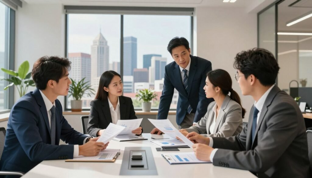 A professional Indiana commercial lending team collaboratively discussing financing strategies in a modern office. In the foreground, a diverse group of four professionals—two men in sharp business suits and two women in smart business attire—are seated around a sleek conference table, engaged in conversation while reviewing financial documents and charts. In the middle, a large window showcases a sunny Indiana skyline, complementing the vibrant, energetic atmosphere. The background features a well-organized office with subtle greenery and contemporary decor. Soft, natural lighting creates a warm and inviting mood, emphasizing teamwork and focus. Use a slight upward angle to portray the room as spacious and dynamic, highlighting the importance of collaboration in real estate financing. A professional Indiana commercial lending team collaboratively discussing financing strategies in a modern office. In the foreground, a diverse group of four professionals—two men in sharp business suits and two women in smart business attire—are seated around a sleek conference table, engaged in conversation while reviewing financial documents and charts. In the middle, a large window showcases a sunny Indiana skyline, complementing the vibrant, energetic atmosphere. The background features a well-organized office with subtle greenery and contemporary decor. Soft, natural lighting creates a warm and inviting mood, emphasizing teamwork and focus. Use a slight upward angle to portray the room as spacious and dynamic, highlighting the importance of collaboration in real estate financing.