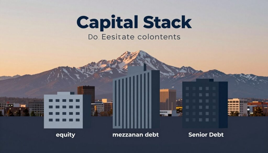 A professional, analytical illustration of capital stack components relevant to real estate investments, specifically in Colorado. The foreground features distinct sections labeled with elements such as equity, mezzanine debt, and senior debt, each depicted as sturdy building blocks in a sleek, modern design. In the middle ground, a stylized illustration of the Colorado landscape with iconic mountains and urban architecture gently blends in, highlighting the investment landscape. The background showcases a soft, gradient sky at twilight, casting warm, ambient lighting over the scene. The composition conveys a sense of strategy and growth, embodying the essence of value-add investments. A subtle branding element for "Thorne CRE" is integrated into the design, enhancing professionalism. A professional, analytical illustration of capital stack components relevant to real estate investments, specifically in Colorado. The foreground features distinct sections labeled with elements such as equity, mezzanine debt, and senior debt, each depicted as sturdy building blocks in a sleek, modern design. In the middle ground, a stylized illustration of the Colorado landscape with iconic mountains and urban architecture gently blends in, highlighting the investment landscape. The background showcases a soft, gradient sky at twilight, casting warm, ambient lighting over the scene. The composition conveys a sense of strategy and growth, embodying the essence of value-add investments. A subtle branding element for "Thorne CRE" is integrated into the design, enhancing professionalism.