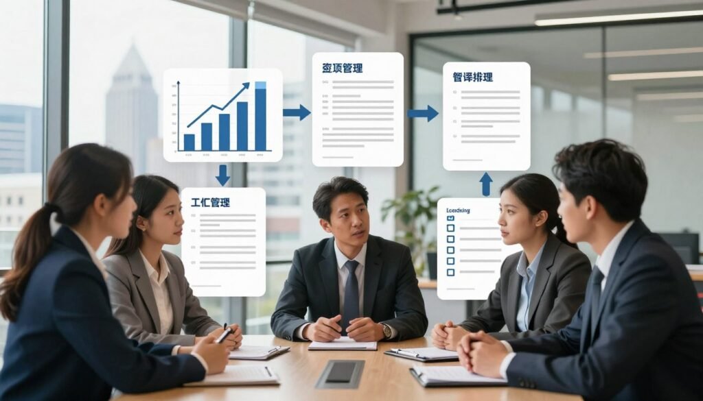 A professional and dynamic commercial loan process illustration. In the foreground, a diverse group of three business professionals, dressed in formal business attire, engaged in a focused discussion around a conference table. In the middle, several floating graphical elements like charts, loan application forms, and checklists symbolizing crucial documents and criteria lenders assess. In the background, a modern office environment featuring large windows with natural light pouring in, showcasing a view of the Portland skyline. The atmosphere is strategic and serious, reflecting a sense of purpose and collaboration. The lighting is bright yet soft, creating a welcoming professional space.