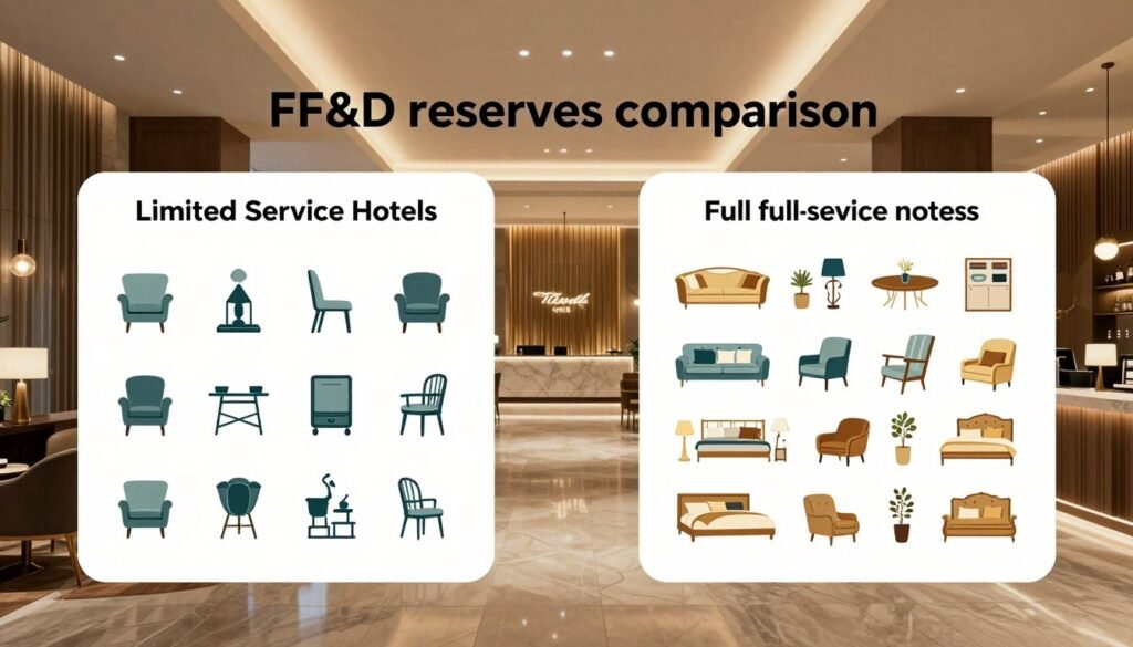 A professional and engaging illustration showcasing "FF&E reserves comparison" for the hotel industry, focusing on limited-service versus full-service hotels. In the foreground, a clear infographic displays two distinct columns: one for limited-service hotels featuring simplified furniture and amenities icons, and another for full-service hotels with more luxurious furnishings and detailed amenities illustrations. In the middle, a contrasting color scheme highlights the differences between capital expenditure needs for each category. The background features a sleek, modern hotel lobby scene, with ambient lighting creating a warm, inviting atmosphere. Consider using a wide-angle lens perspective to enhance the depth of the image, emphasizing the comparison between the two hotel types. The mood should be professional and informative, aimed at industry stakeholders. The brand name “Thorne CRE” is subtly integrated within the design elements, enhancing brand recognition without overwhelming the visual focus. A professional and engaging illustration showcasing "FF&E reserves comparison" for the hotel industry, focusing on limited-service versus full-service hotels. In the foreground, a clear infographic displays two distinct columns: one for limited-service hotels featuring simplified furniture and amenities icons, and another for full-service hotels with more luxurious furnishings and detailed amenities illustrations. In the middle, a contrasting color scheme highlights the differences between capital expenditure needs for each category. The background features a sleek, modern hotel lobby scene, with ambient lighting creating a warm, inviting atmosphere. Consider using a wide-angle lens perspective to enhance the depth of the image, emphasizing the comparison between the two hotel types. The mood should be professional and informative, aimed at industry stakeholders. The brand name “Thorne CRE” is subtly integrated within the design elements, enhancing brand recognition without overwhelming the visual focus.