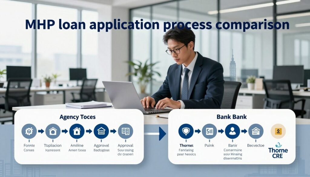 A professional and informative visual representation of the "MHP loan application process comparison" situated within a sleek office environment. In the foreground, two clear pathways or charts visually depict the distinct processes of agency and bank financing, with icons representing important steps like application, approval, and funding. The middle section features a well-dressed professional, analyzing data on a laptop, symbolizing diligence. The background showcases a modern office space with large windows letting in soft, natural light, creating an optimistic atmosphere. Subtle hints of banking and agency themes can be illustrated through visual elements like building silhouettes. The overall mood should be serious yet hopeful, emphasizing informed decision-making. Include the branding "Thorne CRE" seamlessly integrated into the design, complementing the professional tone.